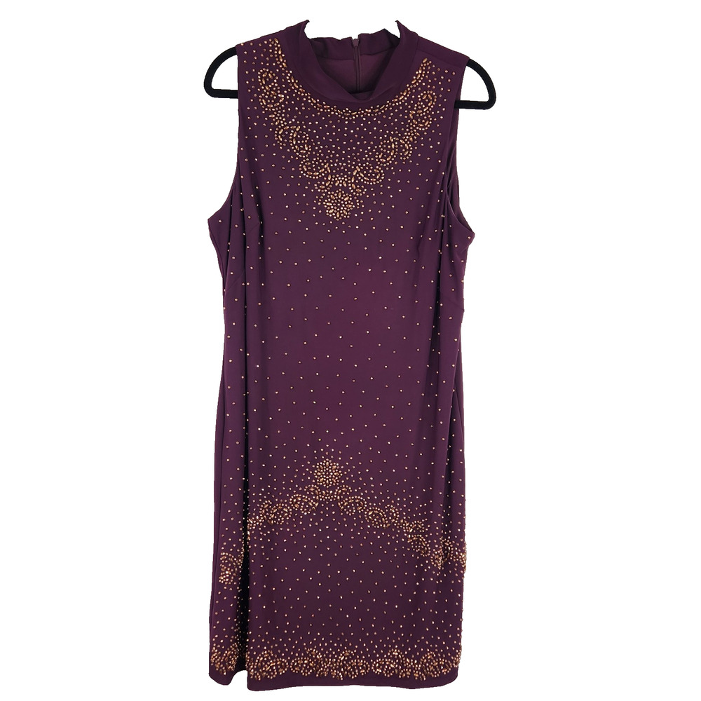 LF Leslie Fay Maroon Plum Sleeveless Dress Copper Tone Studded Women's Size 16